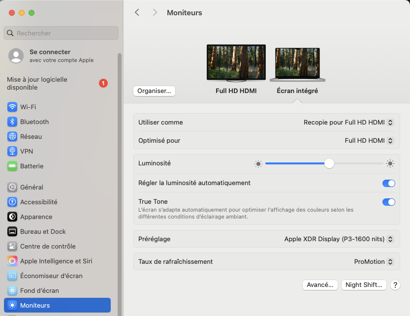 réglage partage d'écran