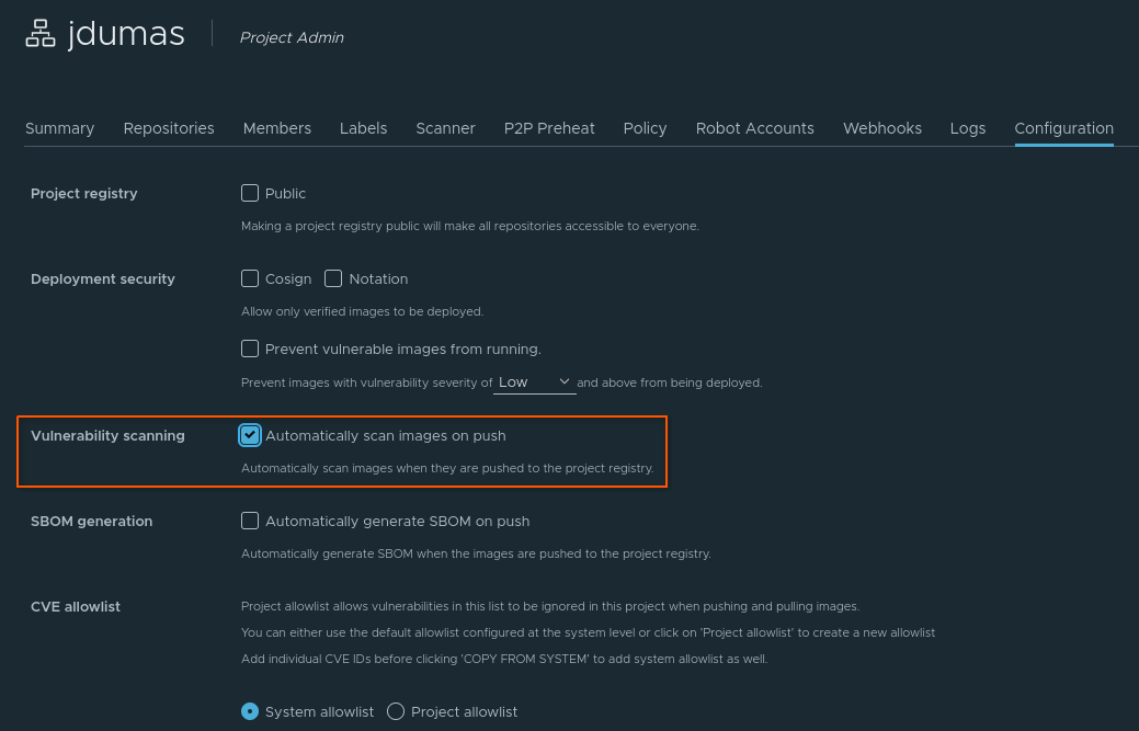 Configuration du scan au push